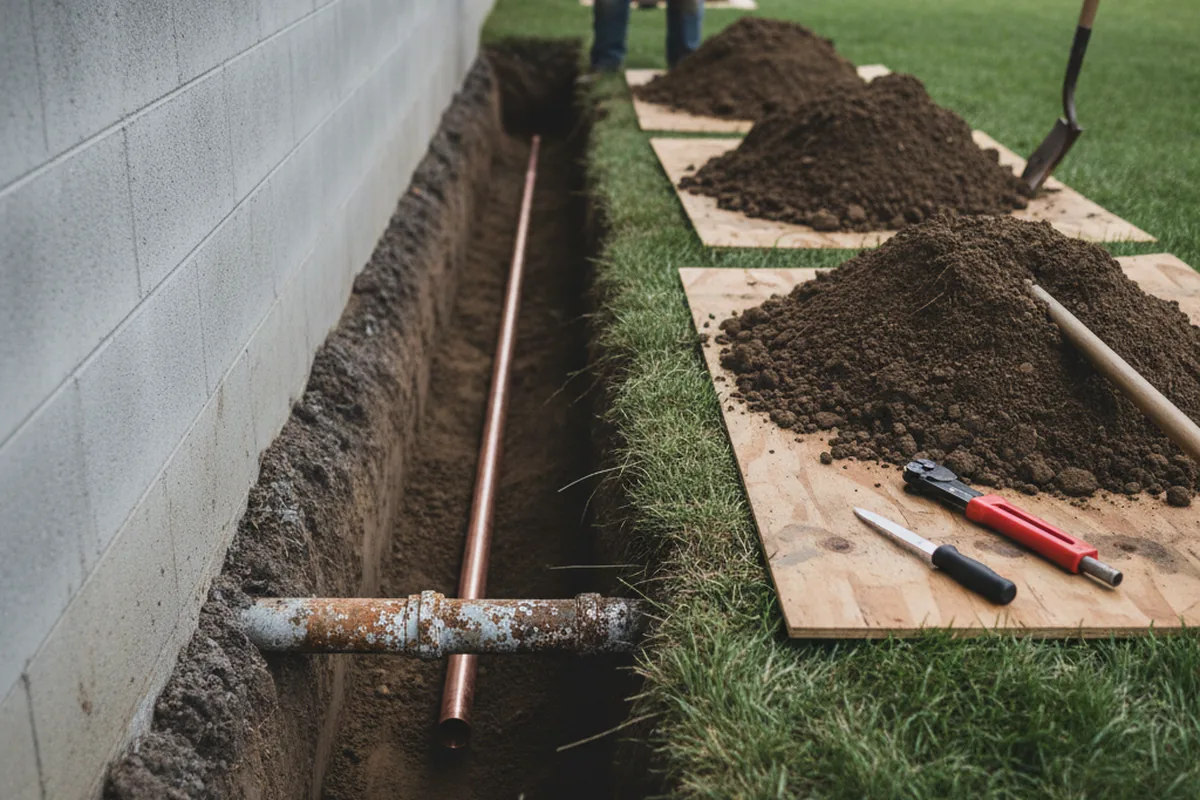 Excavated water line trench during Water Softener Installation in Kaneville